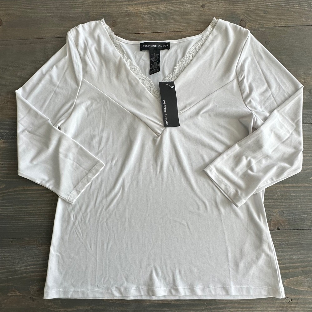 Josephine Chaus White 3/4 Sleeve‎ Lace Trim V-Neck Stretch Top Womens Sz L - NWT